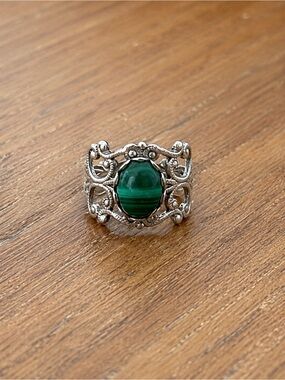 Vintage Filigree Malachite Style Statement Ring Boho Silver Tone